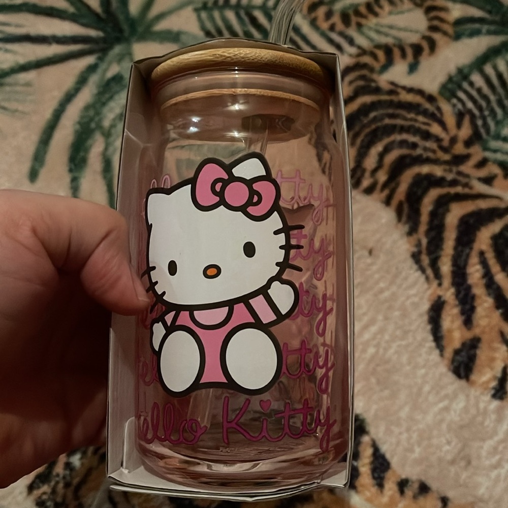 Hello Kitty Glass Tumbler with Bamboo Lid and Glass Straw